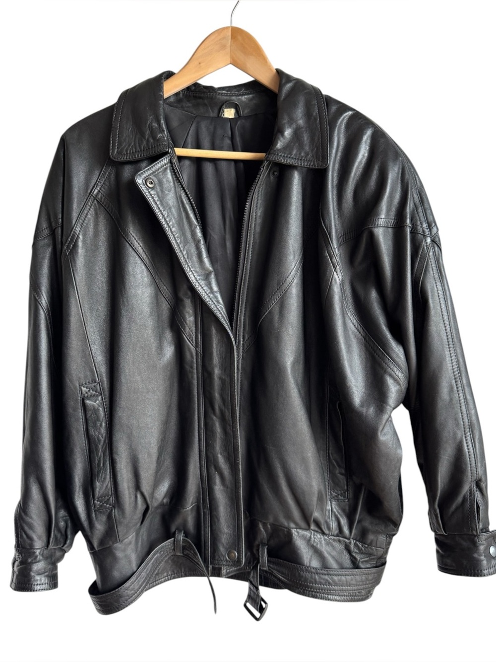 Vintage 90s Leather Bomber Jacket Mens S/M Black Full Zip Big Shoulders Biker